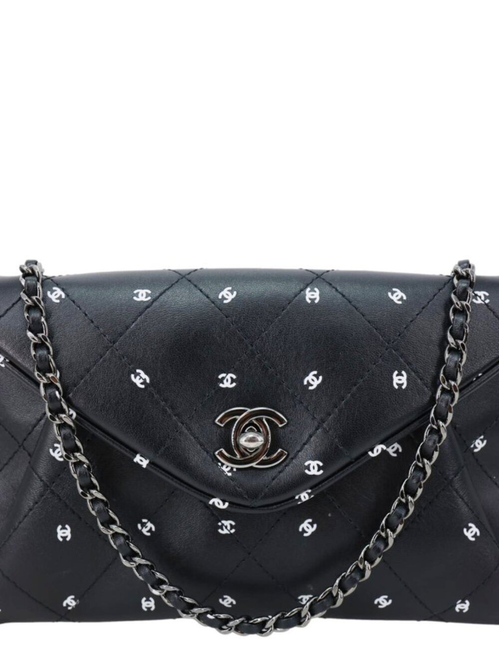 Chanel  CC Envelope Printed Lambskin Leather Chain Clutch Bag Black